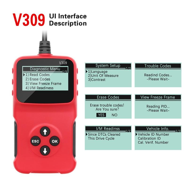 

V309 Obd2 Scanner Auto Car Diagnostic Tool Handheld Car Diagnostic Repair Tool Automotive Erase/Reset Fault Codes Reader