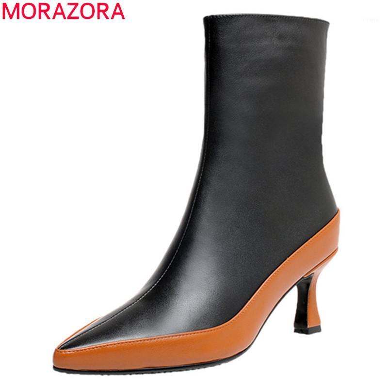 

MORAZORA 2020 New Brand fashion women boots genuine leather boots stiletto heels pointed toe mixed colors ankle1, Black