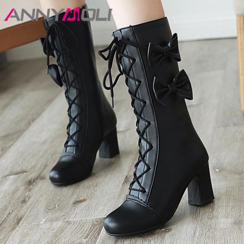 

ANNYMOLI High Heel Short Boots Bow Mid Calf Boots Woman Lace Up Chunky Heel Shoes Zip Female Footwear Warm Winter White Pink 431, Black velvet lining