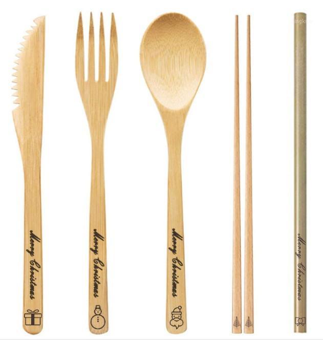 

Christmas customized laser tableware bamboo spoon fork chopsticks straw Christmas cartoon logo kitchen tableware set hot seller1