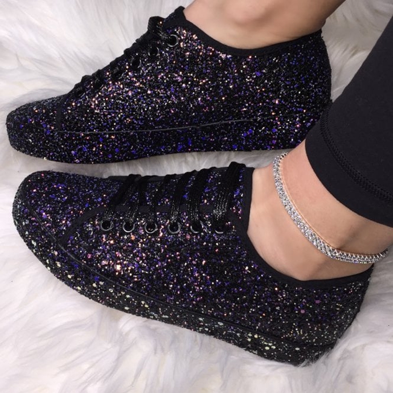 

2021 New Women Lace Up Glitter Autumn Flat Vulcanized Ladies Bling Casual Female Fashion Platform Plus Size Shoes Sneakers Iop6, Black