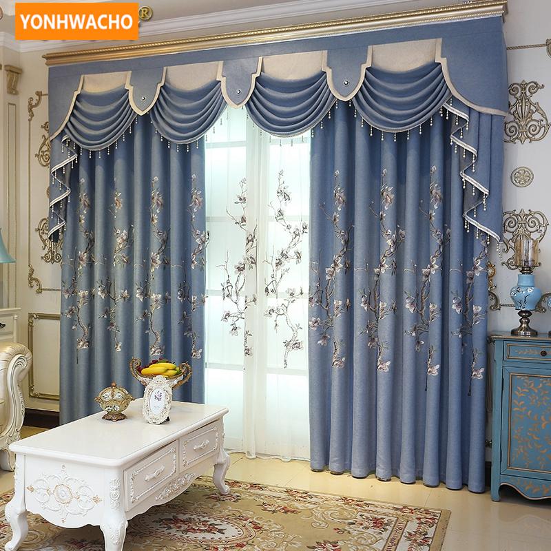 

Custom curtains high grade Fresh simple Chinese living room embroidered blue cloth blackout curtain tulle valance drape N756, Tulle sheer