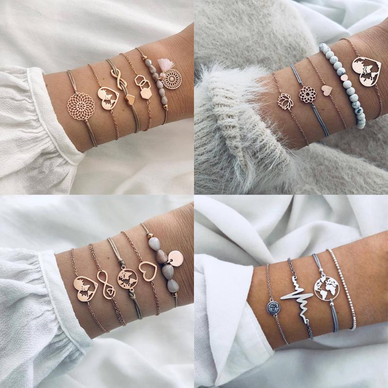 

FAMSHIN 5 Pcs/set Boho Fashion Heart Map Geometric Beaded Tassel Rope Gold Bracelet Set Women Charm Party Wedding Jewelry Gifts