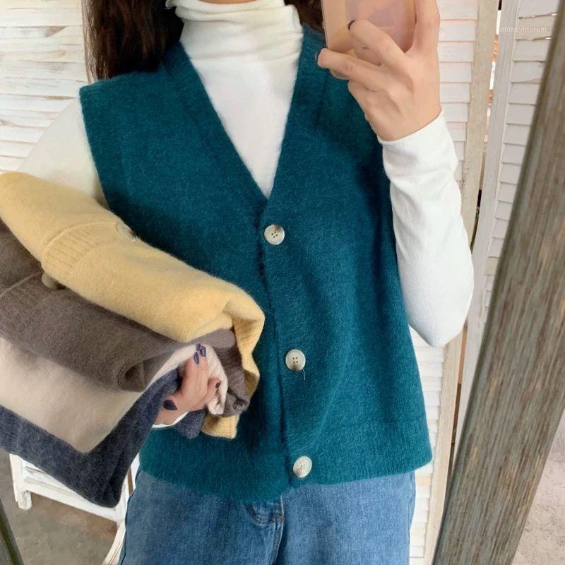 

Women Korean Style Loose Single Breasted Knit Vests Female Solid V-neck Cardigans Ladies Short Casual Sweater Open Stitch Z1241, Gray