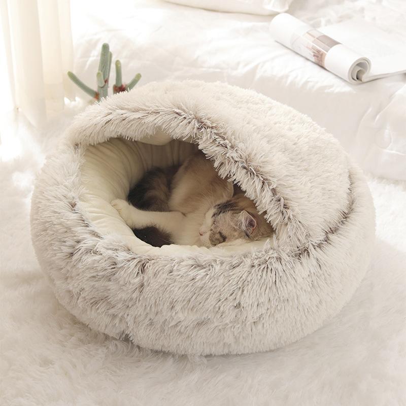 

New Pet Dog Cat Round Plush Bed Semi-enclosed Cat Nest for Deep Sleep Comfort in Winter Cats Bed little Mat Basket Soft Kennel