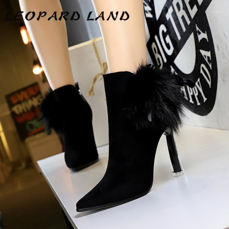 

LEOPARD LAND Fashion Sexy Banquet Women's Boots Transparent Crystal Heel Suede Pointed Fur Ankle Boots DS-661-11, Black