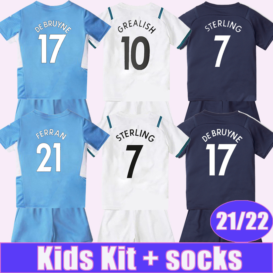 21 22 DE BRUYNE GREALISH Kids Kit Soccer Jerseys STERLING BERNARDO FERRAN MAHREZ FODEN STONES MENDY Home Away 3rd Football Shirt