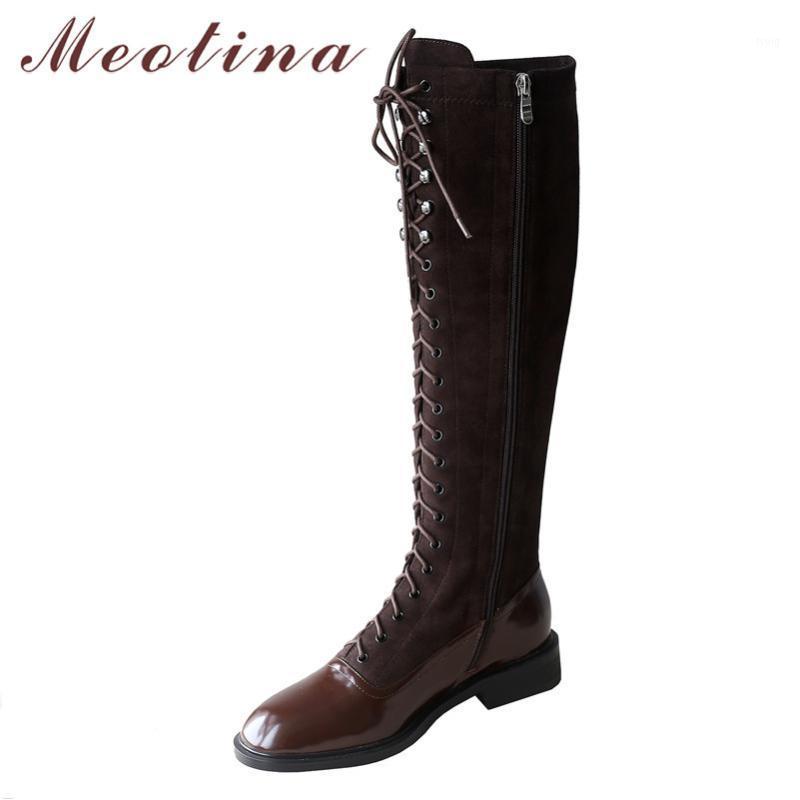 

Meotina Winter Knee High Boots Women Natural Genuine Leather Flat Long Boots Zipper Round Toe Shoes Ladies New Autumn Size 34-391, Black synthetic lini