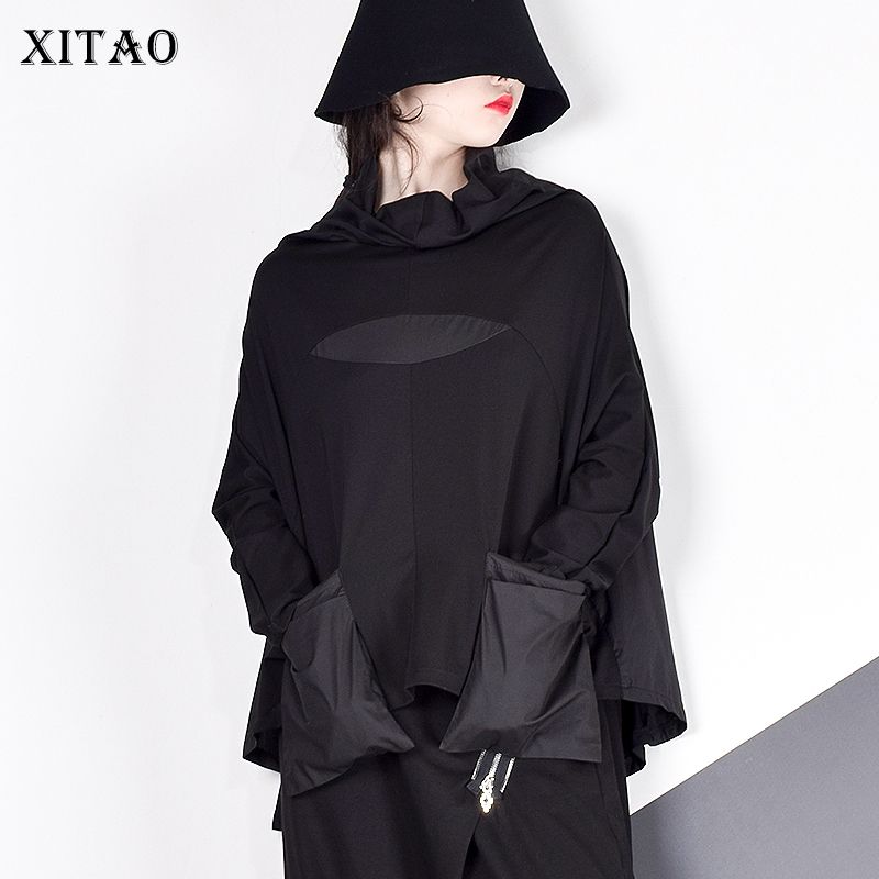 

XITAO Harajuku Patchwork Pocket T Shirt Women Stand Collar Plus Size Casual Black Streetwear Female Stitch Korean Summer LJ200814, Black lyh2877