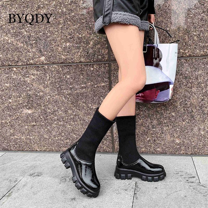 

BYQDY Plus Size 46 Trendy PU Leather Mid Calf Boots Round Toe Footwear Thick Heels Lady Boots Outdoor Autumn Winter Short1, Black