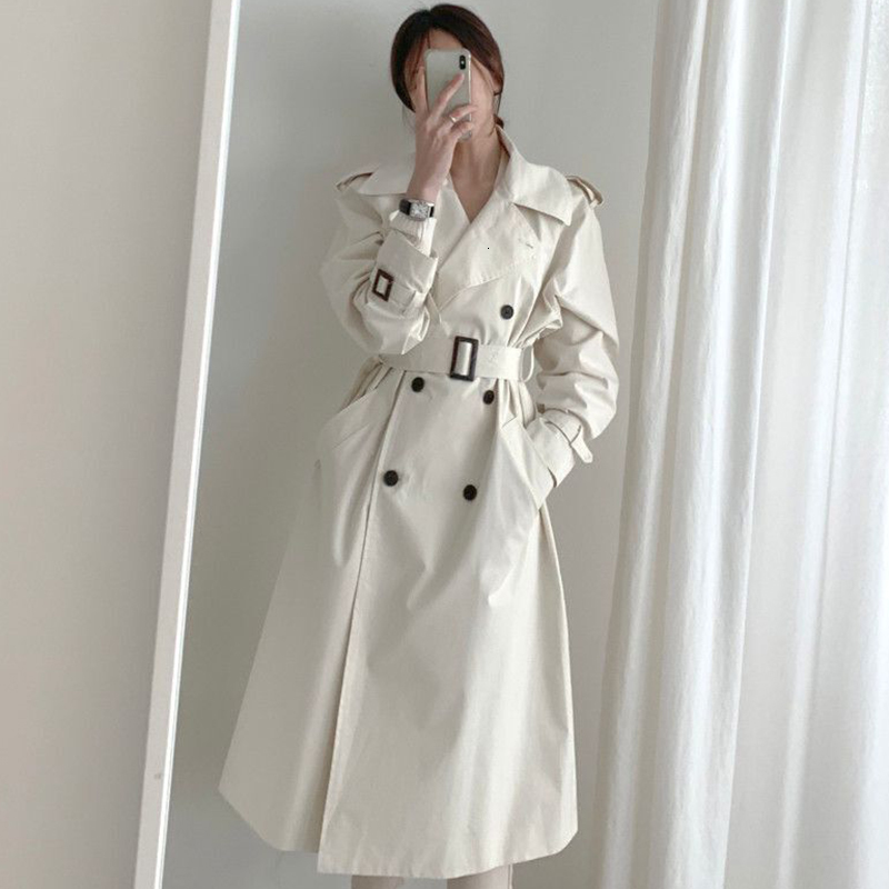 

2021 New Female Chic White Trench Coat with Belt Vogue Double Fitting Breasted Turn Down Collar Jacket Outwear PT3V