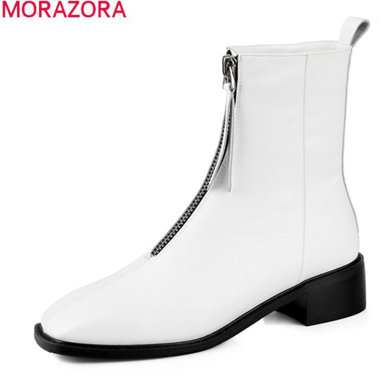 

MORAZORA 2020 High quality ankle boots genuine leather boots women comfortable med heels with Zip ladies shoes black white1