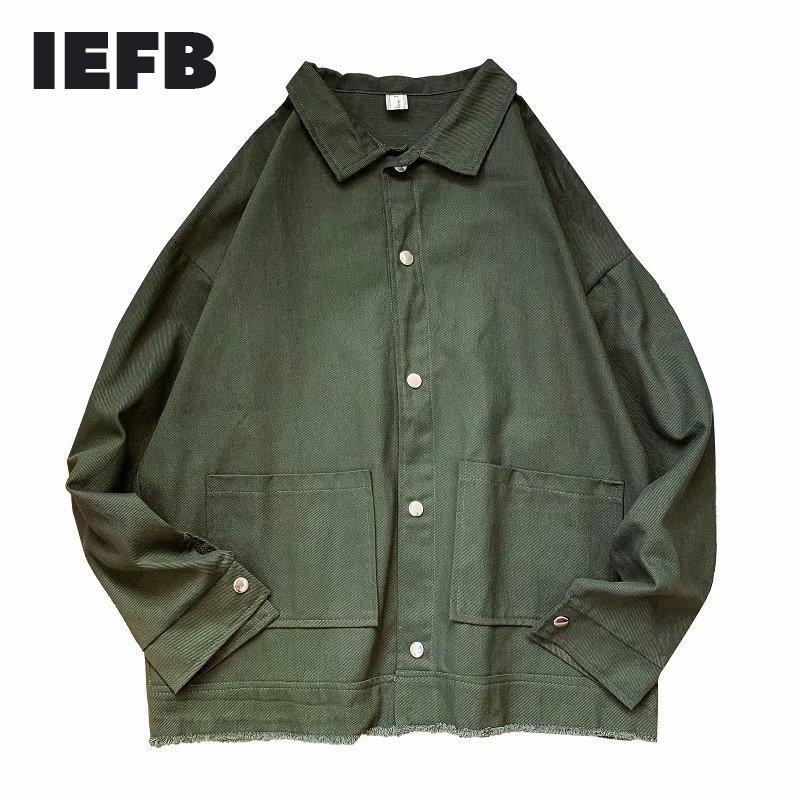 

IEFB /Men's clothes Loose casual thinkness solid color loose shirt 2020 autumn new tassel hem Army Green Work Clothes shirt Y508, Black