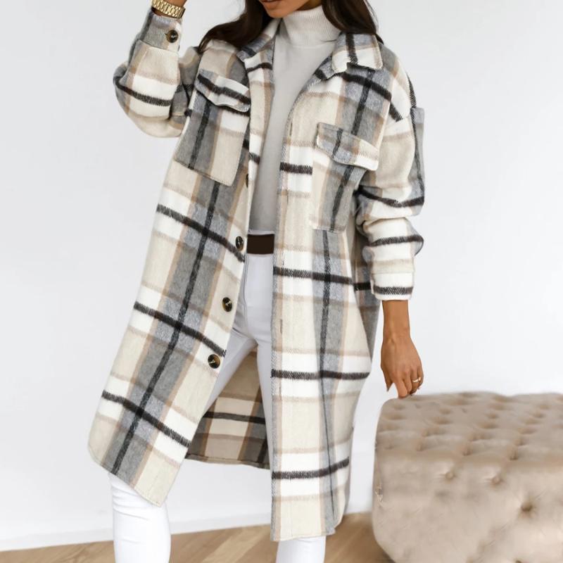 

2021 Spring Winter Womens Jackets Long-Sleeve Plaid Printed Shirt Jacket Thick Woolen Warm Turn Down Collar Long Overcoat Female, Black