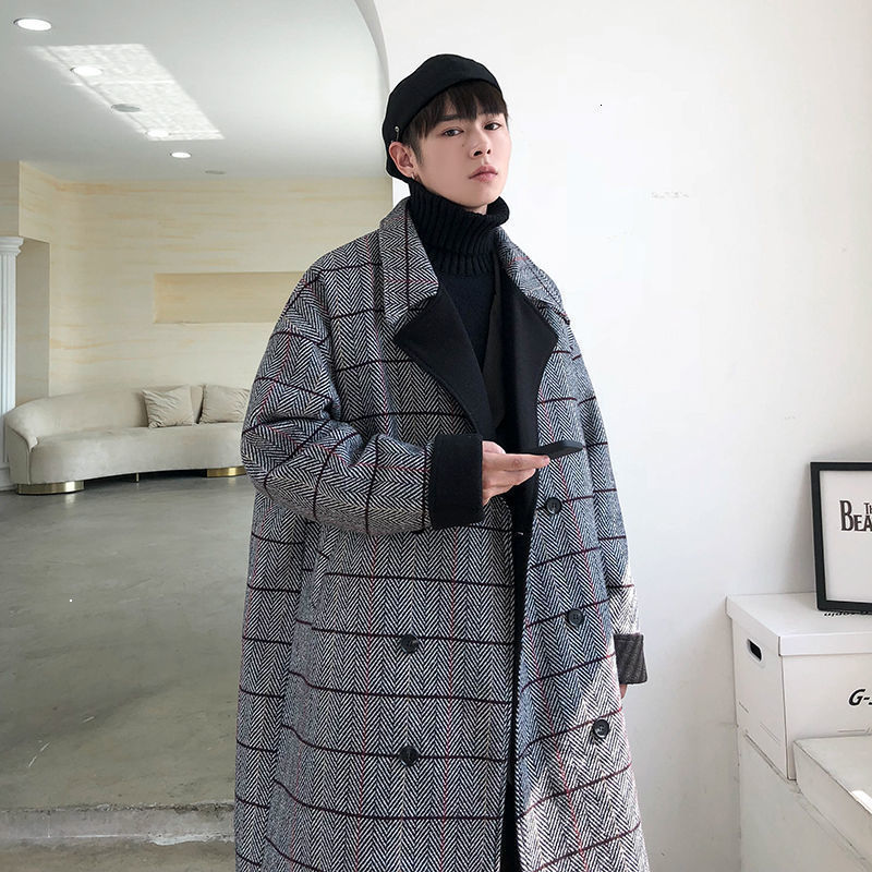 

New 2021 Winter Listing Men's Long Woolen Jacket Extra Loose Knee Trellice Grey Peacoat Frete NFMI, Brown