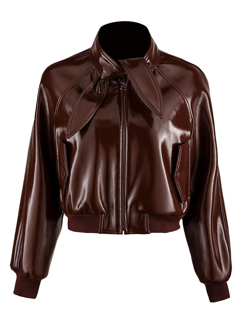 

Autumn fashion glossy fabric stand collar ears stitching ribbed long-sleeved pu leather women' temperament jacket F104, Brown