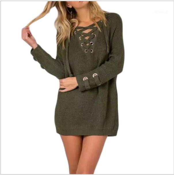 

Wholesale- 2017 Women V Neck Knitted Sweater Striped Bandage Cross Ties Pullover Loose Casual Long Knitwear Jumper Top Sweter Mujer1, Beige