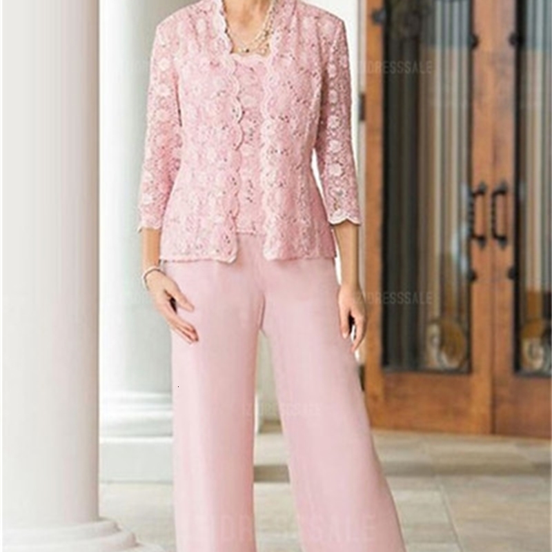 

2021 New Chiffon Rose Mother of the Bride or Groom Wearing Suit Pants Three Lace Pieces Jacket Grace Formal Wedding Dress As Godmother 5B2D