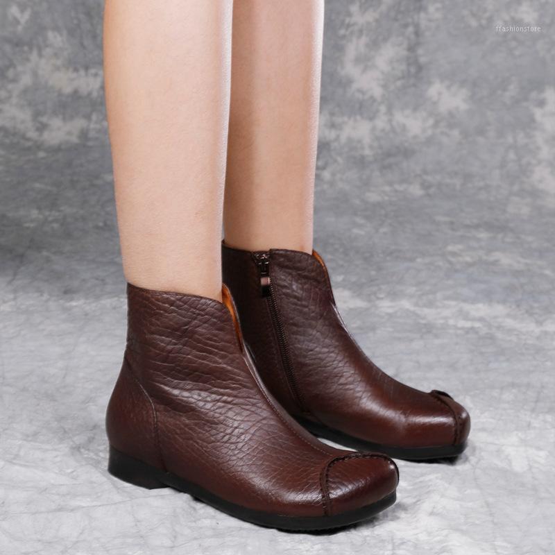 

2020winter New Fleece Flat Ankle Boots Women's Genuine Leather Retro Mom Shoes Round Toe Comfortable Boots1, Black leather
