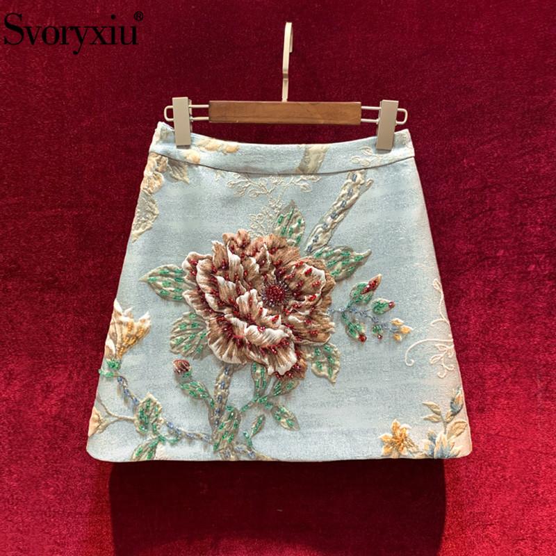 

Svoryxiu 2021 Runway Designer Autumn Winter Vintage A-Line Mini Skirt Women' Manual Crystal Beaded Flower Print Jacquard Skirt, Multi