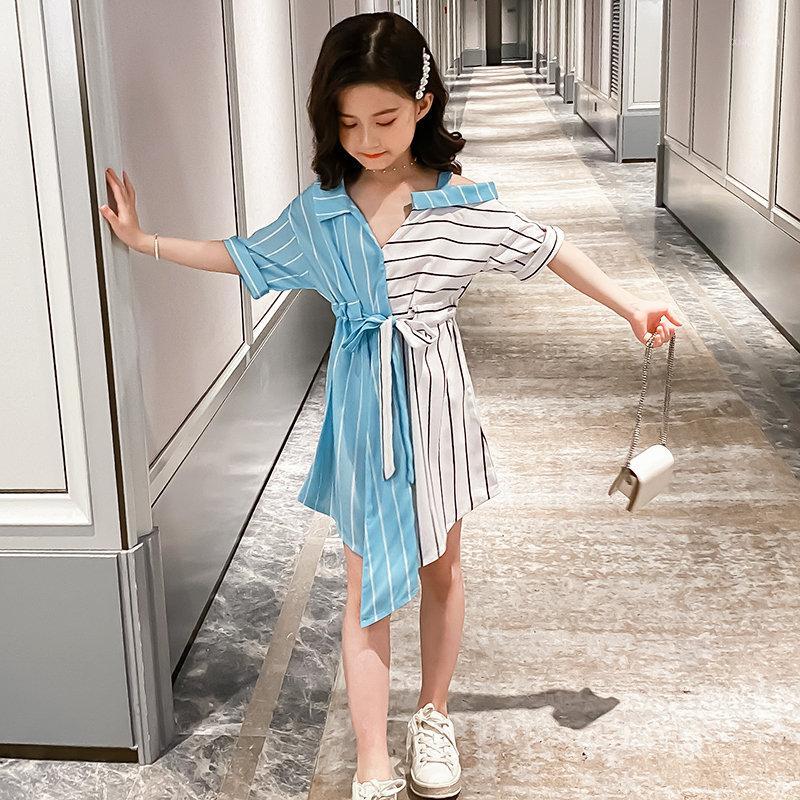 

Kids Dresses for Girls 2020 Baby Girl Striped Off Shoulder Dress Children Patchwork Color Summer Elegant Princess Kids Dresses1, Blue
