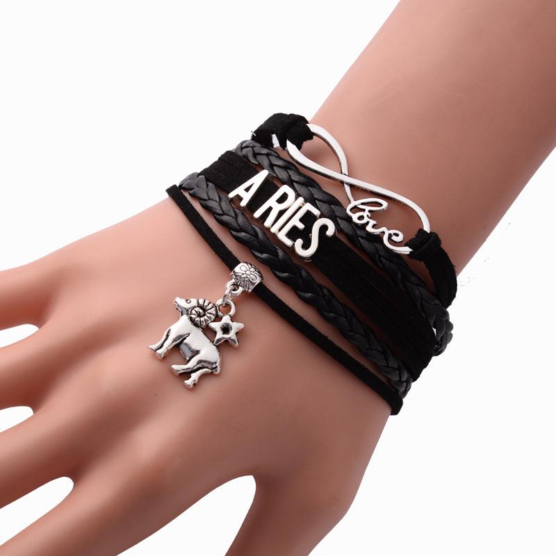 

Charm Bracelets Zodiac Bracelet 2021 Unisex Fashion 12 Constellations Multi-Layer Woven Starry Retro Punk Leather For Party