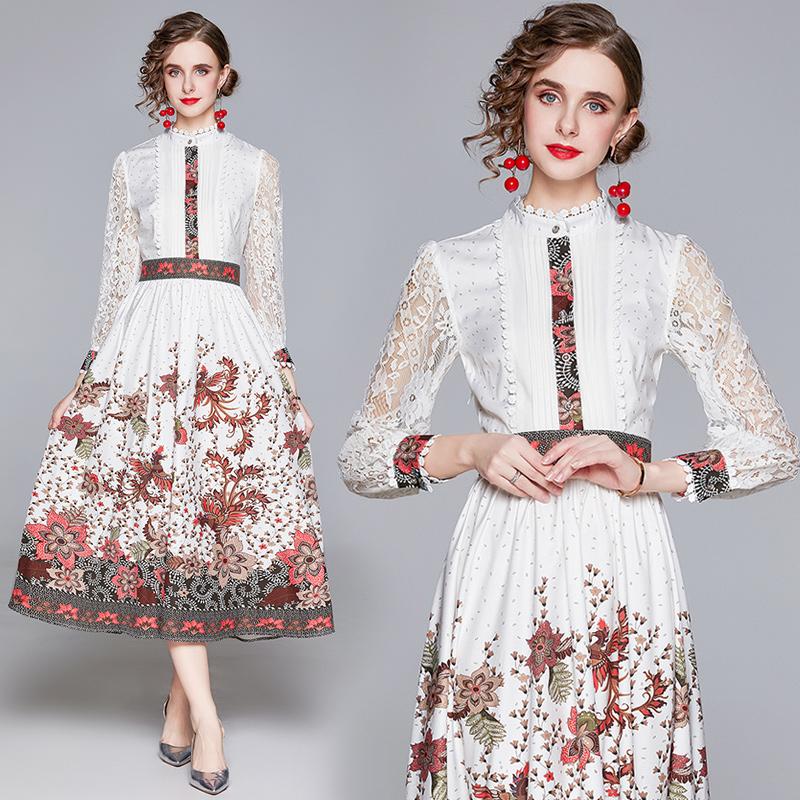 

Simgent Woman Dress Lace Patchwork Lantern Sleeve Stand Collar Elegant Long Print Dress Femme Robe Vestidos Jurken SG010224