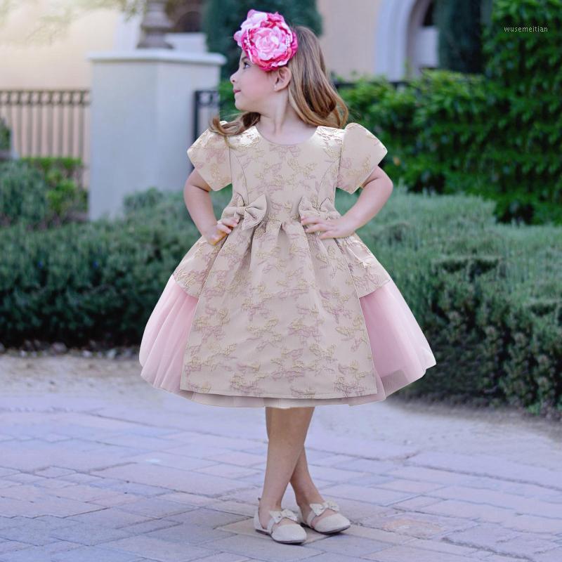 

40# Dress For Girls Children's Short-sleeved Net Yarn Bowknot Flower Full Moon Dress Net Yarn Princess Tutu1, Blue