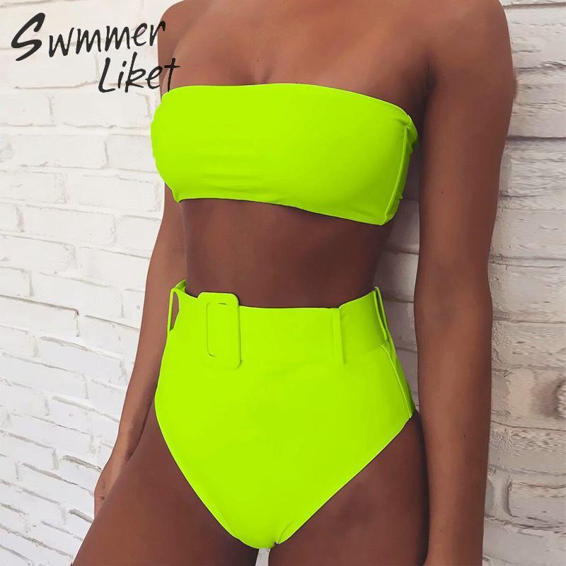 

High waist Brazilian neon bikini Belt swimwear women Bandeau swimsuit female Push up bathing suit Summer bathers biquini Y200319, 2190-11