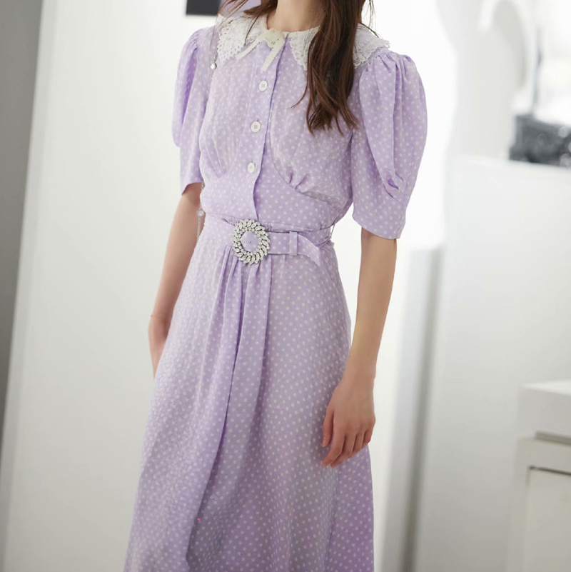 

2021 Summer New Polka Dot Printing Style Soluble in Water Hollow Flower Sleeve Long Bow Frizzy Belt Middle Length High Quality Dress 9szn, Lavender