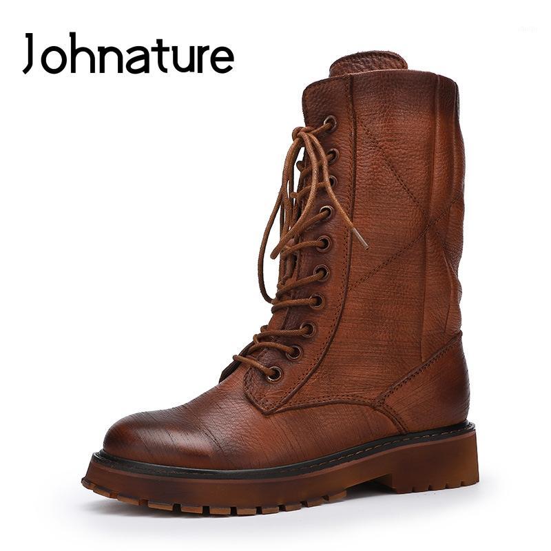 

Johnature Retro Ankle Boots Genuine Leather Round Toe Women Shoes 2020 New Autumn Winter Zip Leisure Cross-tied Women Boots1, Black