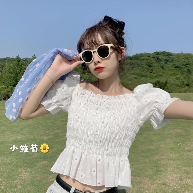 

Daisy Puff Sleeve White Shirt Female Summer 2020 Summer New Design Sense Non-Mainstream Square Collar Short Shirt, Lavender