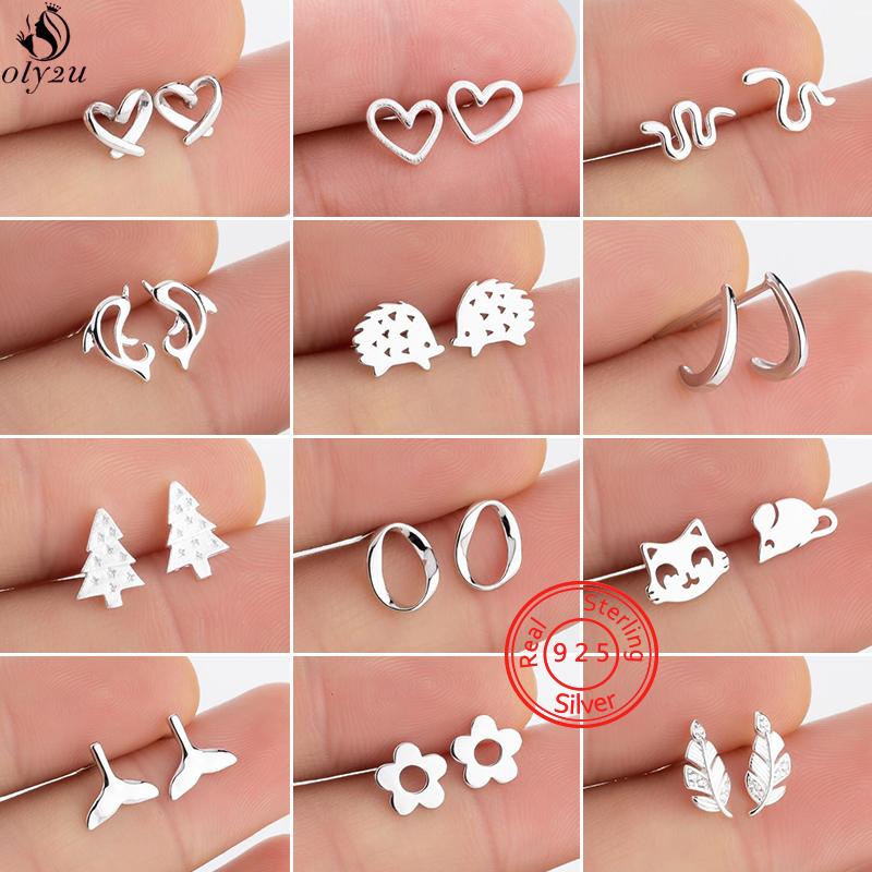 

Stud Real 925 Sterling Silver Heart Earrings For Women Korean Small Dolphins Snake Leaf Flower Earings Jewelry Accessorie