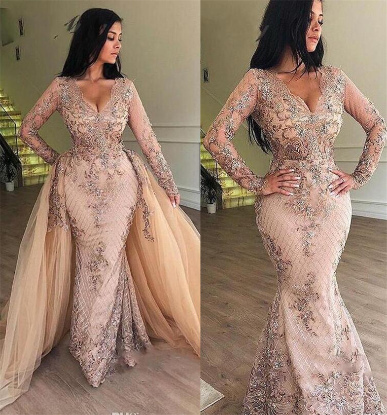 

2021 Arabic Champagne Lace Mermaid Evening Dresses with Detachable Skirt Long Sleeves Dubai Lady Formal Prom Dresses robe de soiree, Yellow