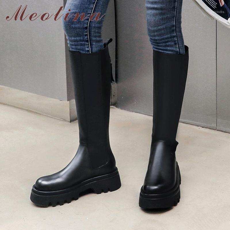 

Meotina Long Boots Women Shoes Genuine Leather Platform High Heel Knee High Boots Block Heels Zipper Ladies Autumn Winter1, Black synthetic lin