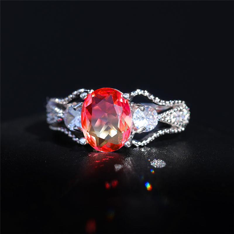 

Luxury Female Crystal Pink Yellow Stone Ring Vintage Silver Color Rainbow Wedding Rings For Women Promise Love Engagement Ring