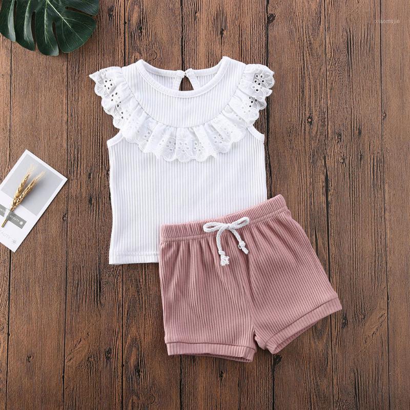 

Baby 2pcs Set Toddler Infant Kids Girl Fashion Lovely Solid Sleeveless O-Neck Lace T shirt Tops+Knit Shorts Summer Clothes Suit1, White