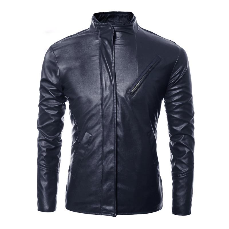 

2021 New Arrival Large Size Male Leather Jackets Double Stand Up Collar Men's Clothing Solid Color Slim Fitted Motorcycle Jacket, Black