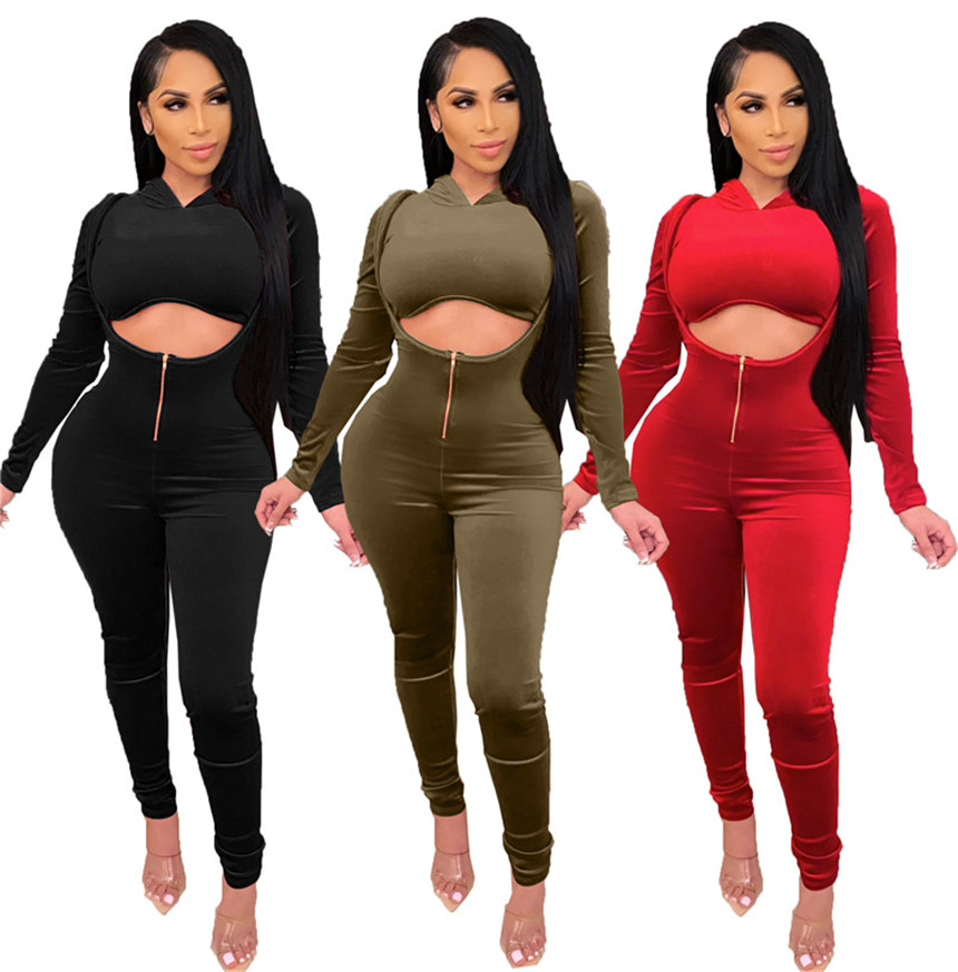 Women fleece Tracksuit jumpsuits 2 piece set long sleeve crop top+rompers fall winter clothes casual jogger sets solid color outfits 4378