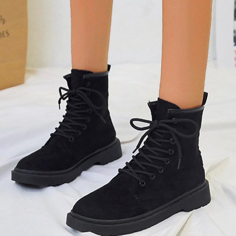 

Women's boots short leather shoes women winter Women Flock Fashion Shoes Lace Up Sewing Boot Winter Soft Footwear, Black