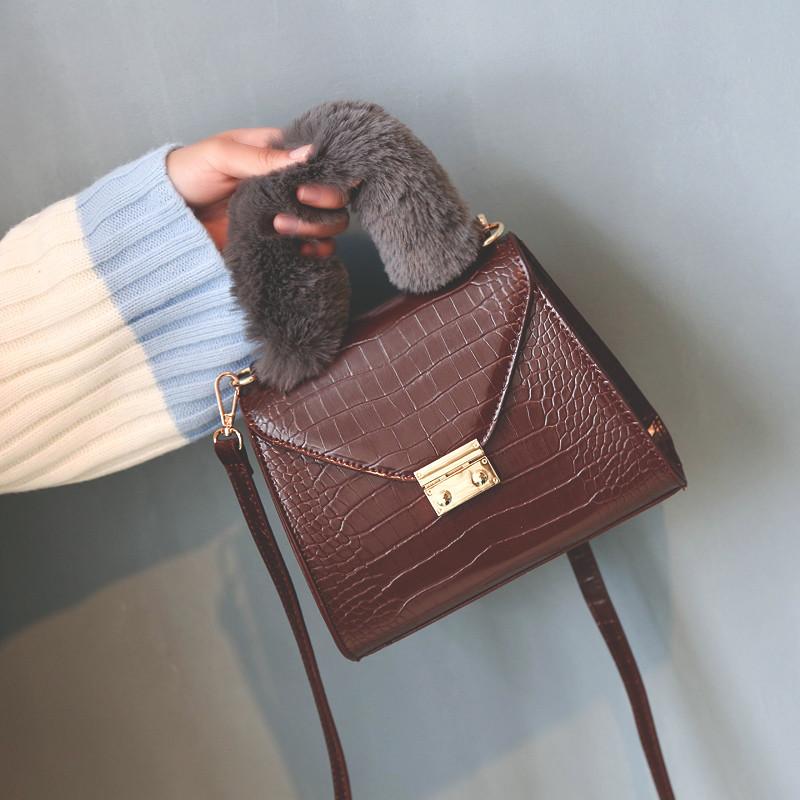 

Kpop Faux Fur women Handbag mini Crocodile Luxury PU Leather Women Shoulder Bag female Tote Bag girls Crossbody, Black