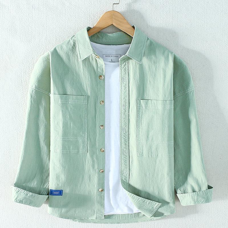 

2020 Fashion Men' Coat Elastic Cotton Casual Shirt Long Sleeve Outdoor Sport Camping Climbing Work Tops Double Pockets, Khaki double pockets