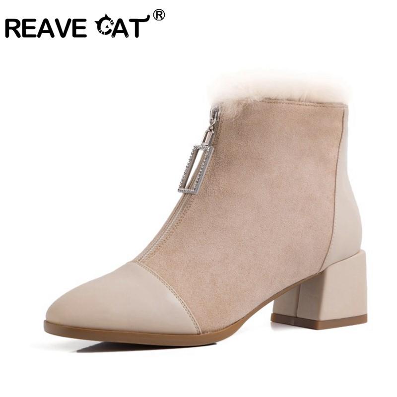 

REAVE CAT Women Ankle Boots Block Heels front zipper sock boots med heel comfort winter Fur shoes for women big size 43 beige, Black