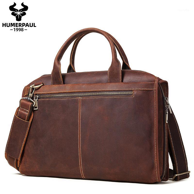 

Humerpaul Bag Crazy Horse Leather Men's Briefcase For 14 Inch Laptop Business Large Capicity Documents Messenger Bags Travel1, Coffee