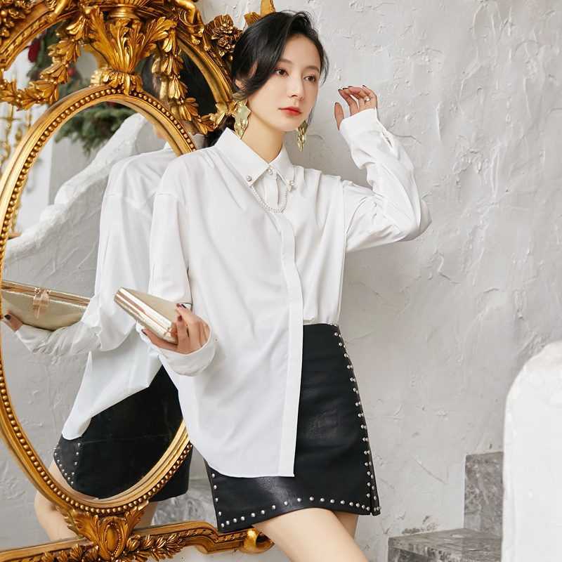 

2021 New High quality loose women dressed in white long sleeve office female streetwear lady shirt 434G, Blue