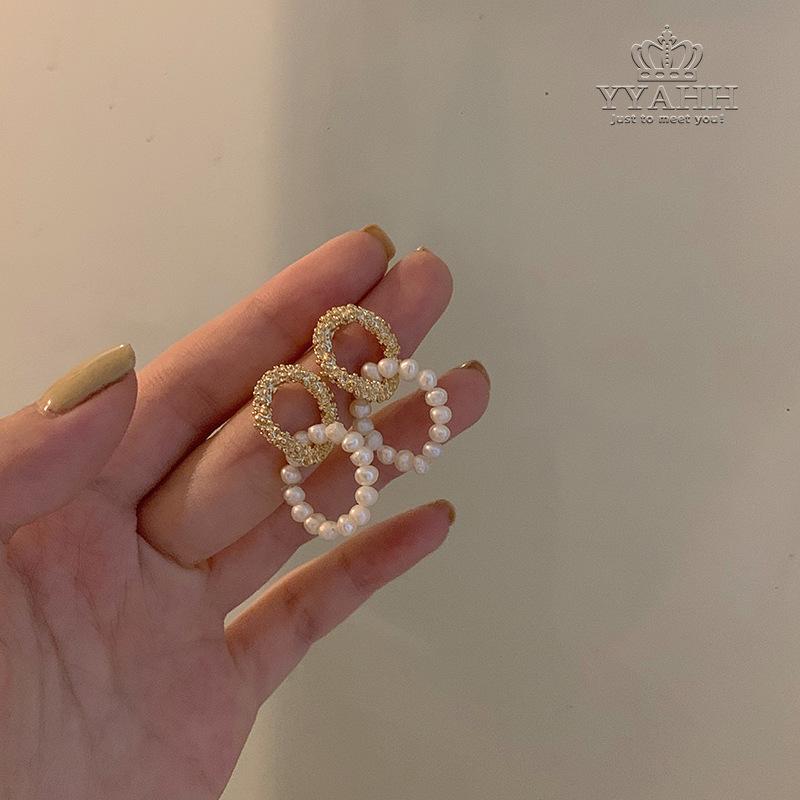 

True Gold Plating S925 Geometric Freshwater Pearl Earrings Korean Temperament Fashion Earrings Sweet Girl