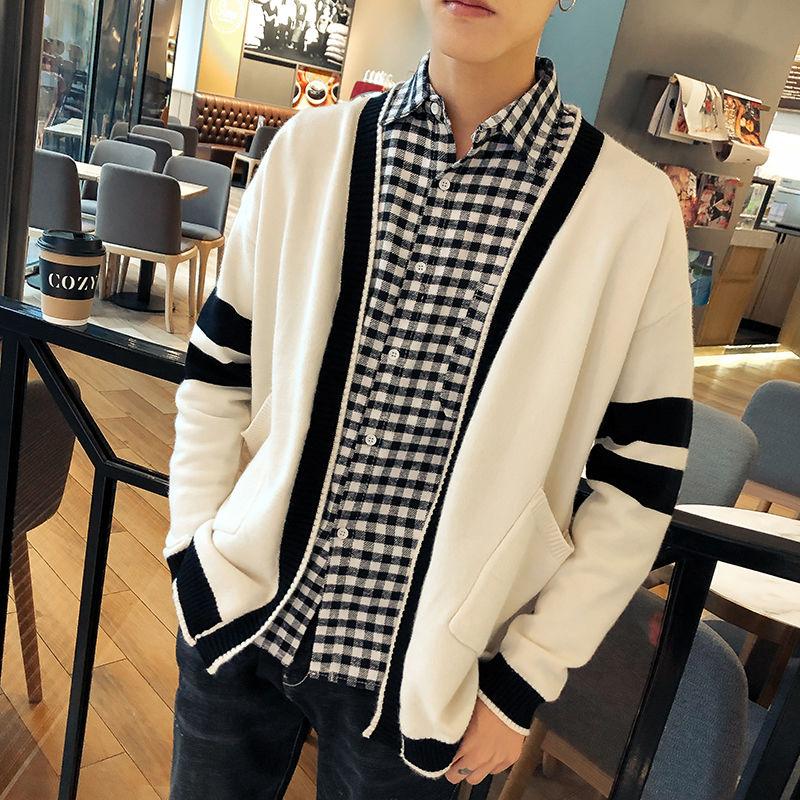 

Winter Cardigan Men's Warm Fashion Contrast Color V-neck Knitted Sweater Jacket Men Streetwear Wild Coat Mens kg-397, Black