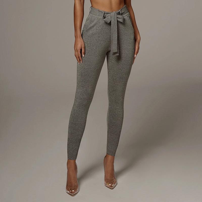 

Women Pencil Pants with Sashes Stretch Skinny Legging Casual Sports Jogging Sweatpants High Waist Trousers Streetwear Pantalon, Gray