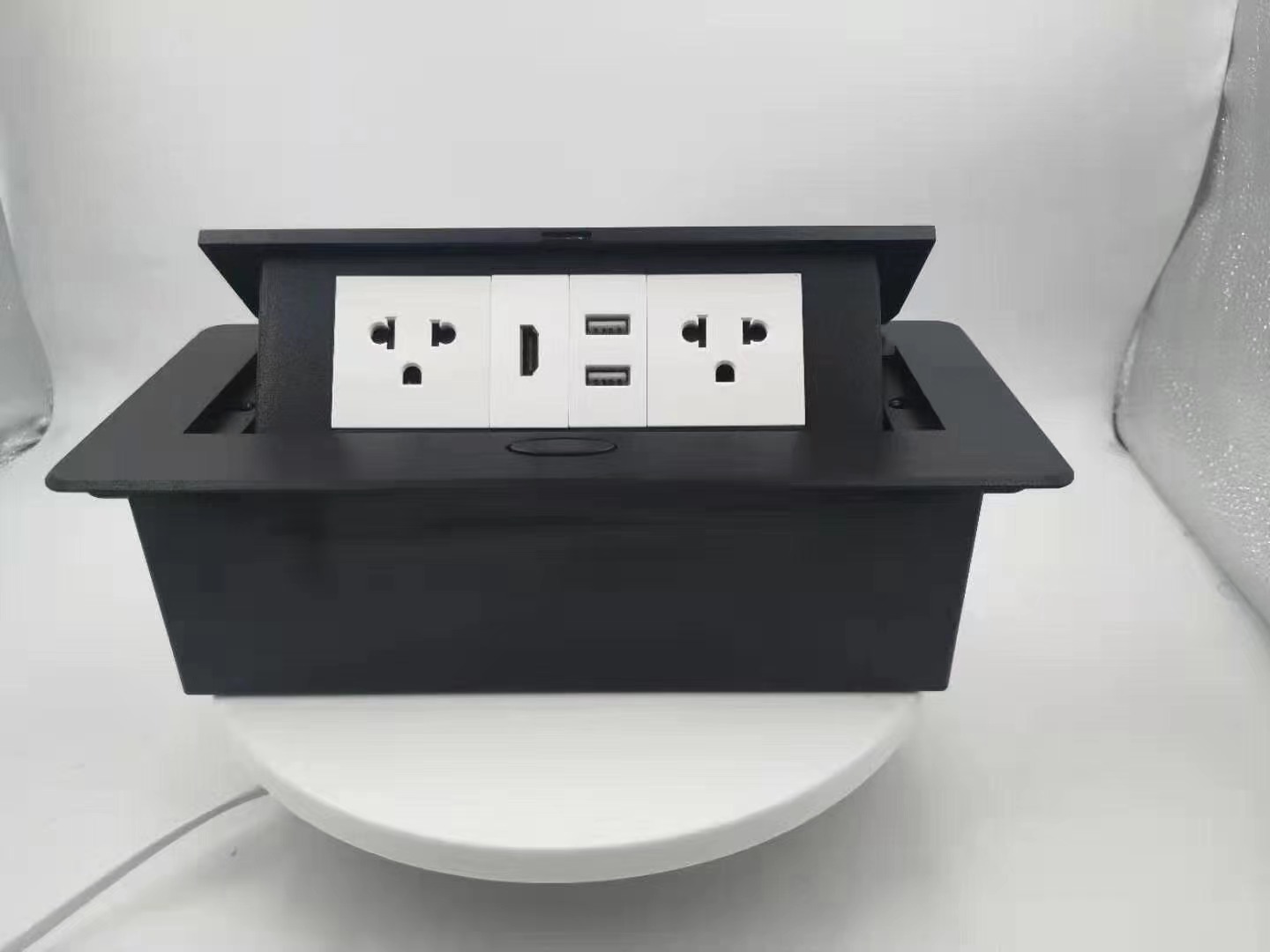 New Zinc Alloy Plate 16A Slow POP UP 2 Power EU Socket Dual USB Charge Port 2.1A Office Table Desktop Outlet Black Steel Box silver/black-image-431313592