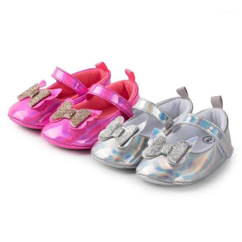 

Newborn Baby Girl Shoes Bowknot PU Leather Bling Party Anti-slip Soft Rubber Sole Baby Shoes First Walkers Infant Crib1, Cotton sole silver
